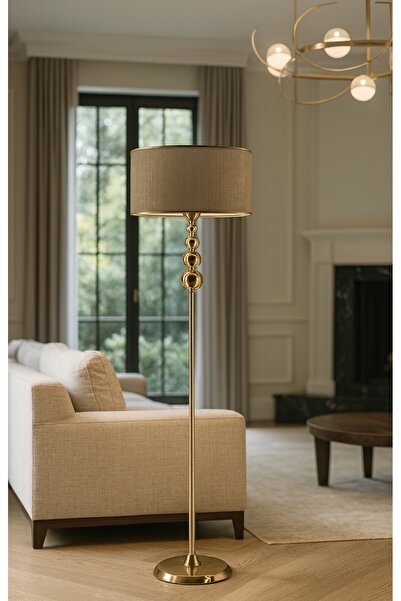 Lampada Milano Küre Gold Kaplama Metal Lambader - Gold Şeritli Hasır