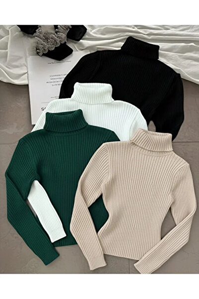 EKZMODA Unisex Siyah Beyaz Bej Zümrüt 4'lü Kaşkorse Triko Boğazlı Balıkçı Yak...