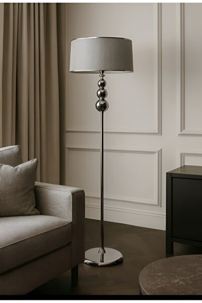 Lampada Milano Küre Krom Kaplama Metal Lambader - Krom Şeritli Hasır Gri