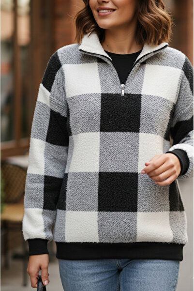 K-ODEA BUTİK Women's Black Soft Textured Plaid Zippered Knitwear Sweater