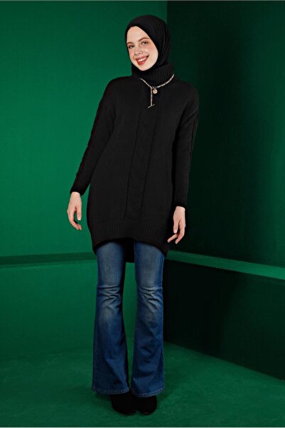 TRENDTESETTÜR Women's Black Knitted Detailled High Neck Tricot Tunic 43119