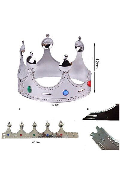 partidolu Gümüş Renk Birleştirmeli Prens Taç Plastik Kral Tacı 1 Adet Çocuk Boy