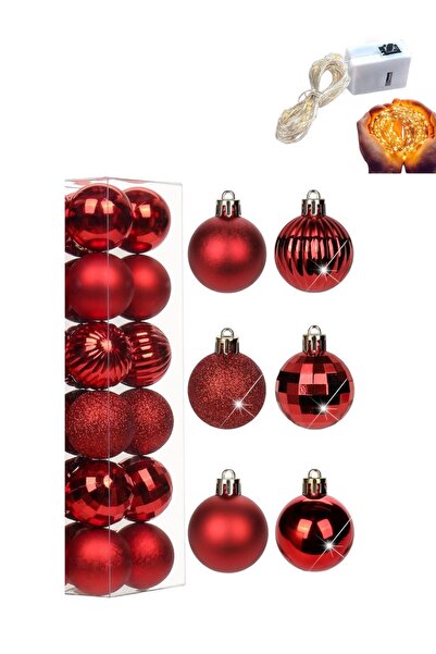 Yenigeldi LED Peri Gün Işığı + 12 Adet 3 cm ( Değişik Modeller)Kırmızı Yılbaşı Topu Noel Yılbaşı Parti