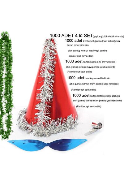 partidolu 4 lü Yılbaşı ve Parti İçin Karton Külah Kukuleta Şapka Seti 1000 adet