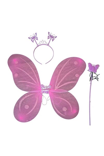 Pandoli Partidolu Pembe Renk Kelebek Gösteri Kanat 50 cm Kanat Asa Taç 3 lü Set
