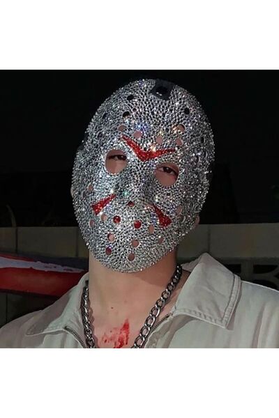 partidolu Elmas Kesim Yapıştırma Taşlı Jason Hockey Hokey Halloween Maskesi Gümüş Renk