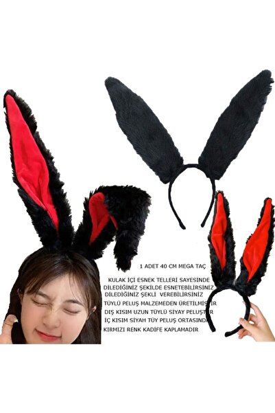 partidolu Mega Peluş Esnek Tavşan Tacı Yetişkin Çocuk Uyumlu 1 Adet Siyah Renk halloweenbrideretro