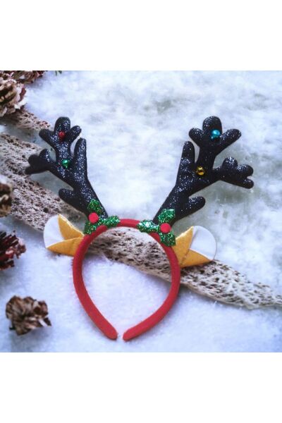partidolu Elf Kulaklı Boncuklu Simli Siyah Renk Geyik Boynuzu Şekilli Yılbaşı Tacı 1 Adet