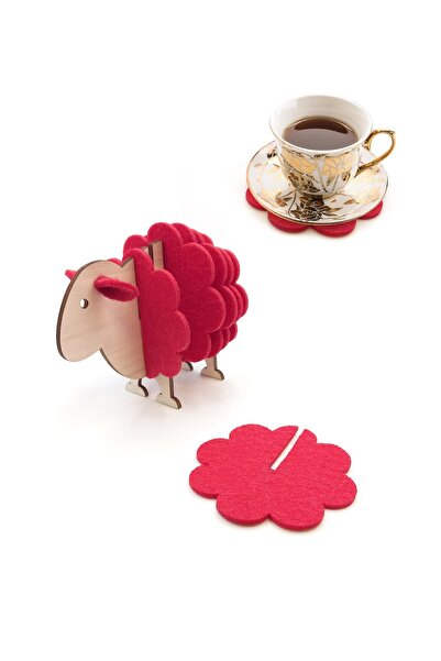 Artikel Wooden Sheep Figure Pattern Cut Red Felt Coasters Set of 6