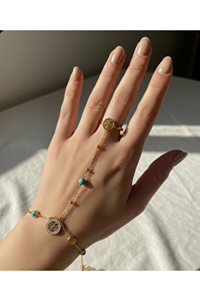 stainless steell gold renk zincirli mavi boncuk desenli çelik şahmeran