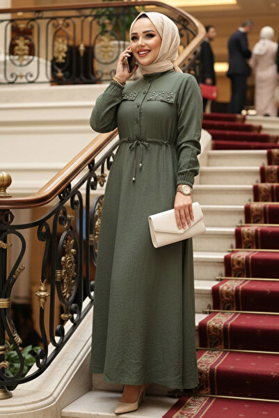 N.S NEVA STYLE فستان حجاب كاكي بأزرار 17131HK