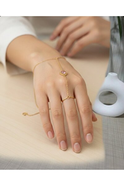 stainless steell altın renk zincirli gül pembe kalp motifli şahmeran