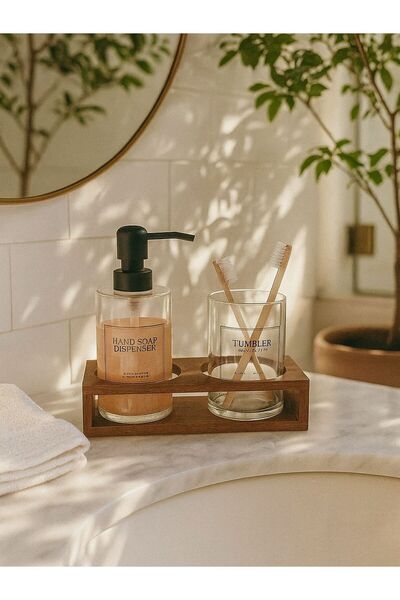 ERKUGO طقم حامل صابون زجاجي وحامل فرشاة أسنان مع حامل أكاسيا، موزع صابون سائل للحمام 430 مل