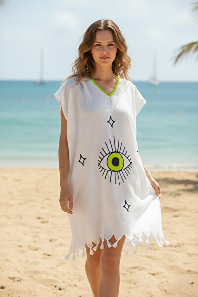 Class Plaj Elbisesi Viskon / Pamuk Biyeli Eye Desen S-M