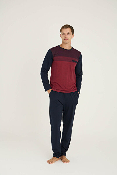 KLY Men's Burgundy Midi Collar Pajama Set Comfortable Sleep Stylish Design