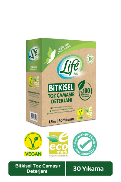 Life by Fakir Bitkisel Vegan Doğal Toz Çamaşır Deterjanı Renkli Ve Beyazlar 1,5 Kg - %100 Doğal Temizlik