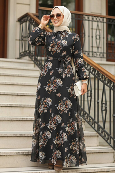 Neva Style Φόρεμα Μαύρο Χιτζάμπ με Μοτίβο Λουλούδια 279082S