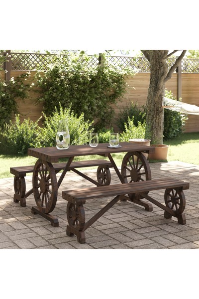 vidaxl طقم طعام للحديقة من 3 قطع مصنوع من خشب التنوب الصلب