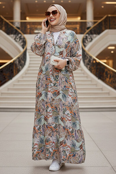 Neva Style Floral Patterned Orange Hijab Dress 235805 En