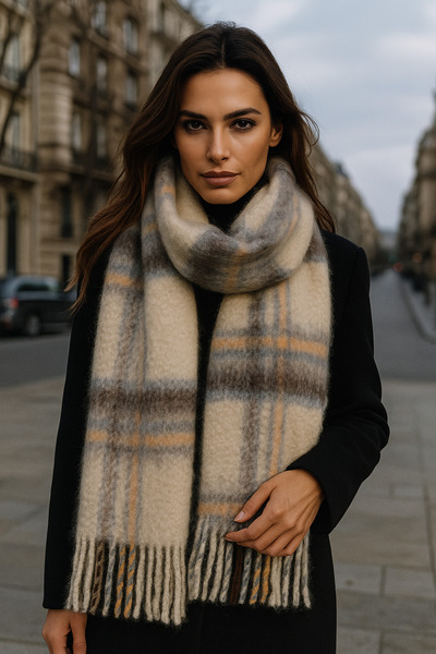 Luminos Butik Γυναικείο μπεζ καρό μοτίβο κασκόλ-σάλι SAL1297