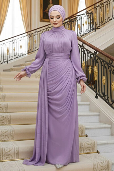 Neva Style Drape Detailed Lilac Hijab Evening Dress 4934Lila