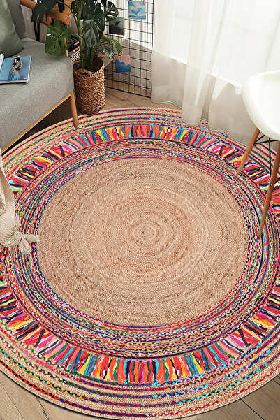 MUA HOME DECOR Yuvarlak Hasır Desen Dijital Baskı Yıkanabilir Kaymaz Taban Sa...