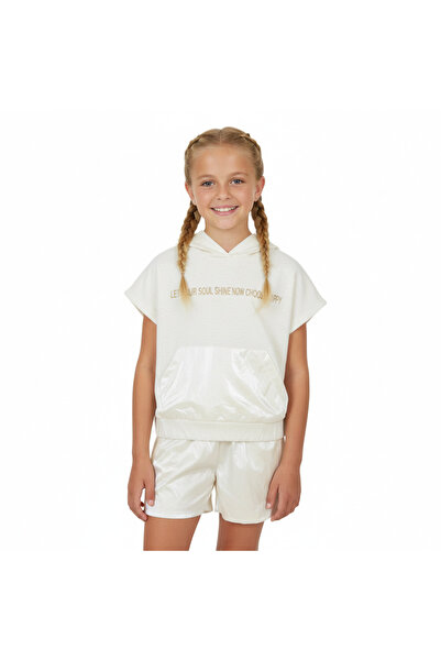 nk kids Girl's Mink Hooded Two-Piece Set – Sweatshirt & Shiny Shorts Combination