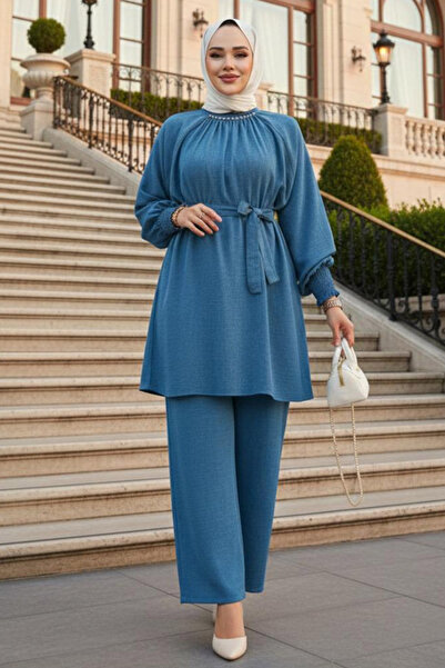Neva Style Indigo Blue Belted Hijab Double Suit 44691Im