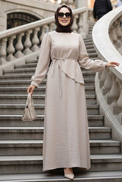 N.S NEVA STYLE Asymmetric Detailed Beige Hijab Dress 19042Bej