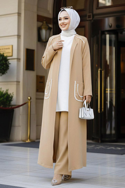 Neva Style Pocket Detailed Biscuit Hijab Kimono Triple Set 80101BS