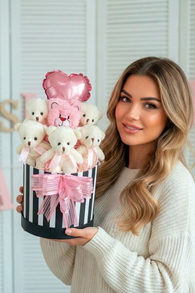 Solemia Premium Silindir Hediye Kutusunda, Kalpli Balonlu 6’lı Pembe Ayıcık B...