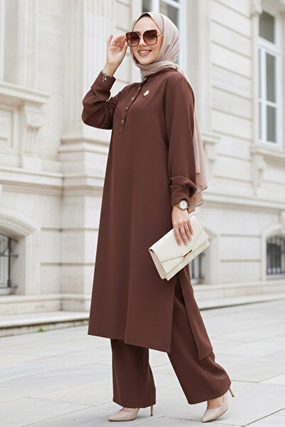 N.S NEVA STYLE Button Detailed Brown Hijab Double Suit 76641Kh