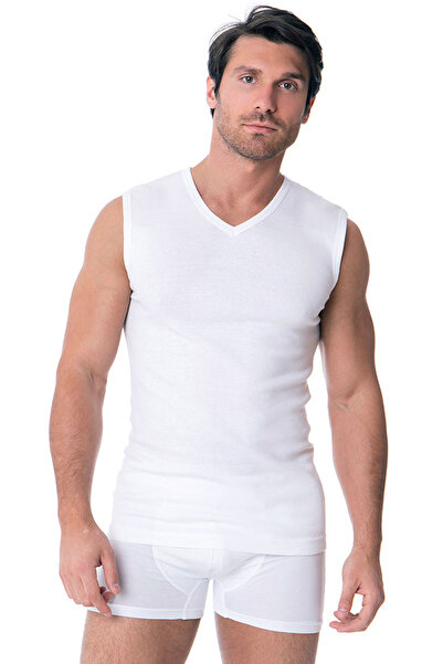 DOREA Erkek Beyaz 5 Adet  Pamuk Ribana Kolsuz V Yaka Atlet