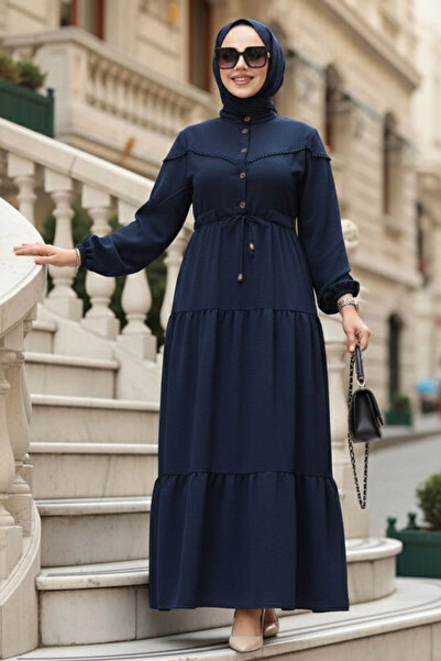 N.S NEVA STYLE Kat Piliseli Lacivert Tesettür Elbise 10334L