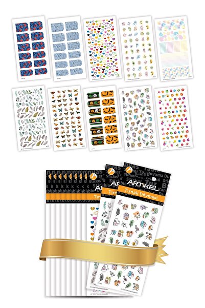 Artikel 10'lu Tırnak Dövmesi Seti -5, Tırnak Sticker Seti, Nail Art, Tattoo A...