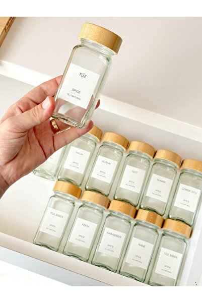 EG75 12'li Bambu Kapaklı Cam Baharatlık Seti ( 32 Adet Etiket Hediyeli )