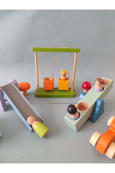 NaturBabyKids 6lı Peg Bebekli Ahşap Park Seti Oyuncak Mavi Seri