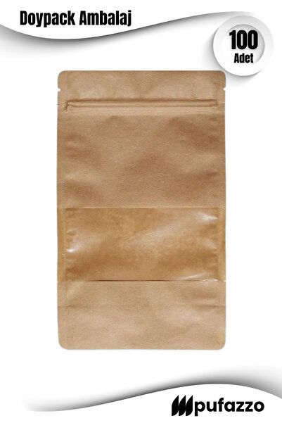 PUFAZZO Doypack Ambalaj - Kraft Pencereli Kilitli Kese Kağıdı - Kahve Kuruyemiş Ambalajı 18x29+4,5 cm
