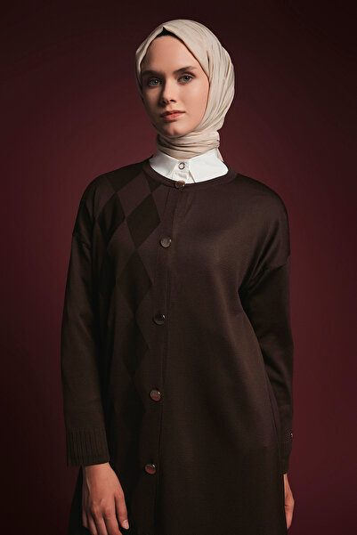 Armine Buttoned Diamond Patterned Long Knitwear Cardigan