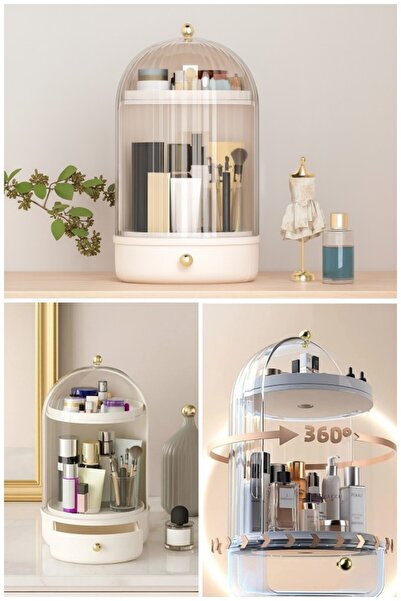 MAKRİ HOME 360° Döner Büyük Makyaj Organizeri – Şeffaf Kapaklı, Çekmeceli, 3 Bölmeli, 40 cm
