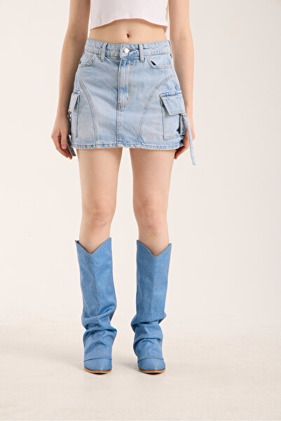 REDZARRAM fustă mini albastru deschis cu buzunare laterale