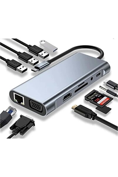 Techmaster 11in1 Type-c to Usb Hdmı 4xUsb Rj45 Hdmi Vga Sd Tf Card Çevirici Adaptör