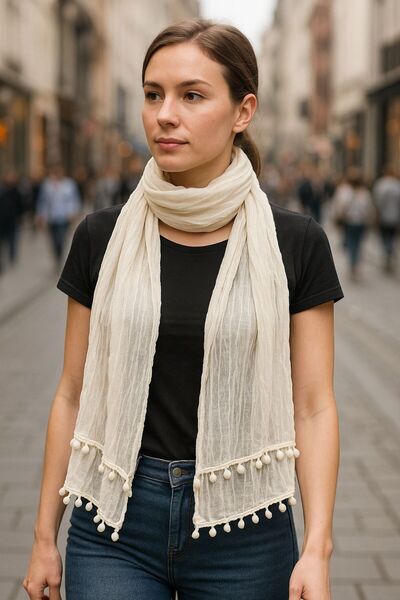 Gönülden Tasarım 30X150 Cm Ponponlu Bürümcük Kumaş Kadın Fular Boyun Bağı Ekru