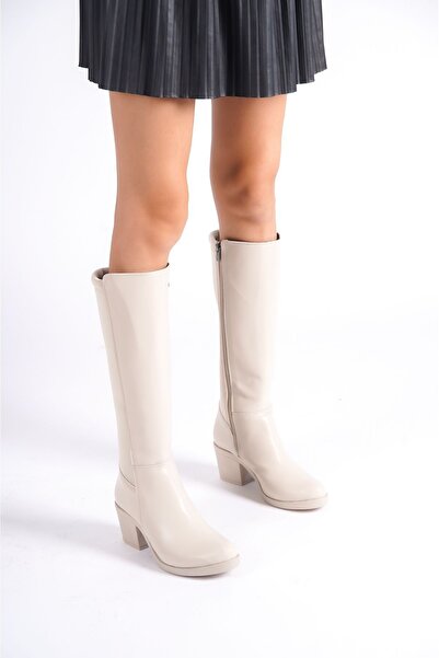 Limeo Cream Leather Look Back Stretch Flexible Thick Medium High Heel Zippered Long Boots
