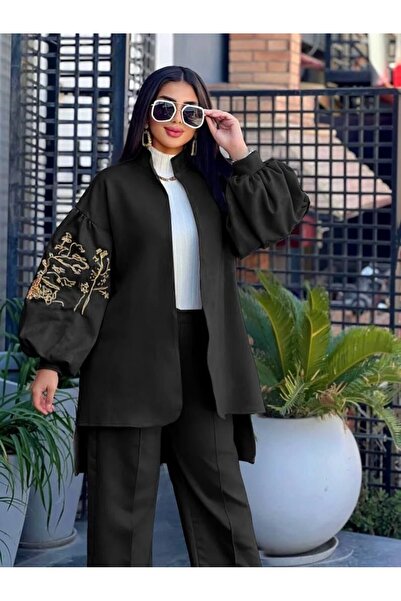 SWAN.AE Two-piece set: trousers, wide-leg jacket, embroidery, sequins, suede leather, chic