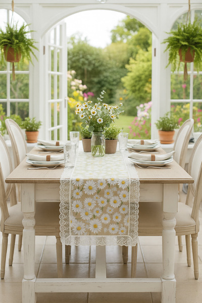 Rona Home Daisy Patterned Guipure Runner White with Thin Edging – Stylish Table Decor Bridal House Dowry Table Runner