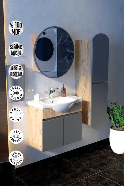 makbulce Erciyes Havlu Dolaplı 65cm Seramik Lavabolu MDF Oval Aynalı Banyo Dolabı