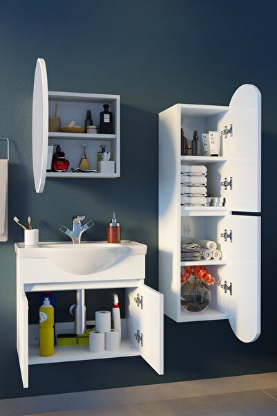 makbulce Erciyes Havlu Dolaplı 65cm Seramik Lavabolu MDF Oval Aynalı Banyo Dolabı-Beyaz