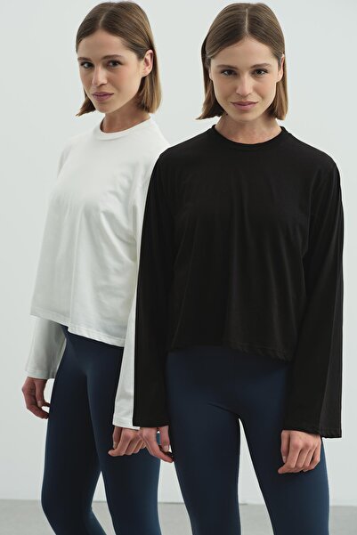 C&City Μπλουζάκι με μεγάλο μανίκι Oversize 2 Pack 965 Μαύρο/Εκρού