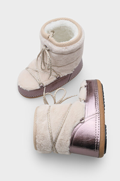 Capone Outfitters Dámské chlupaté kozačky s kulatou špičkou, platinové, se silnou podrážkou